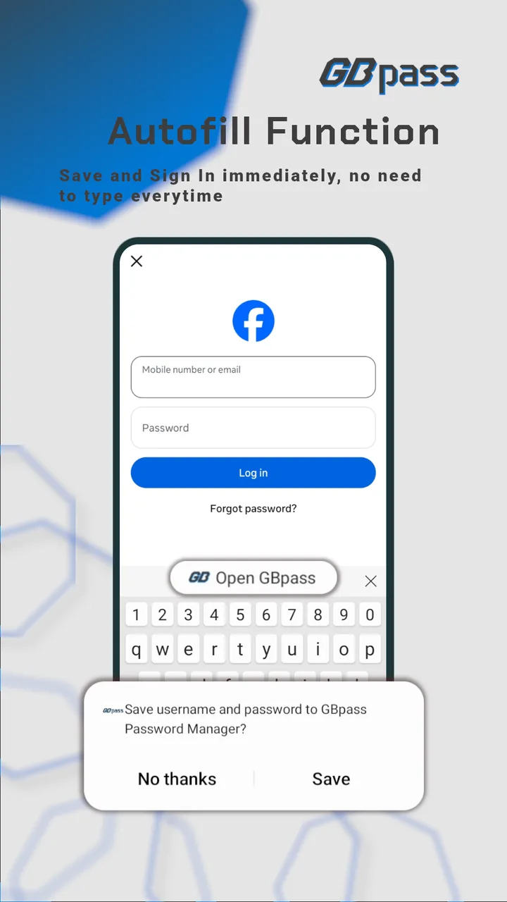 GBpass app: Android autofill opening GBpass on a login form and offering to save the username and password