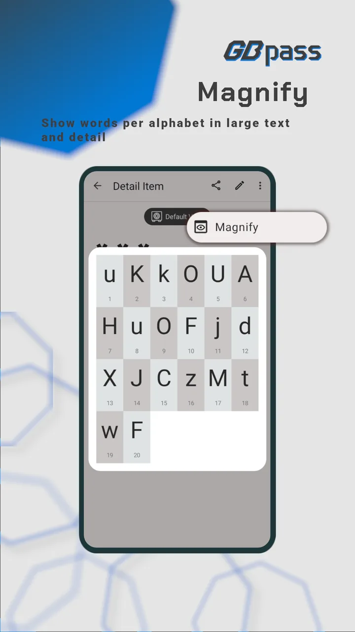 GBpass app: the Magnify view showing each password character in large numbered tiles