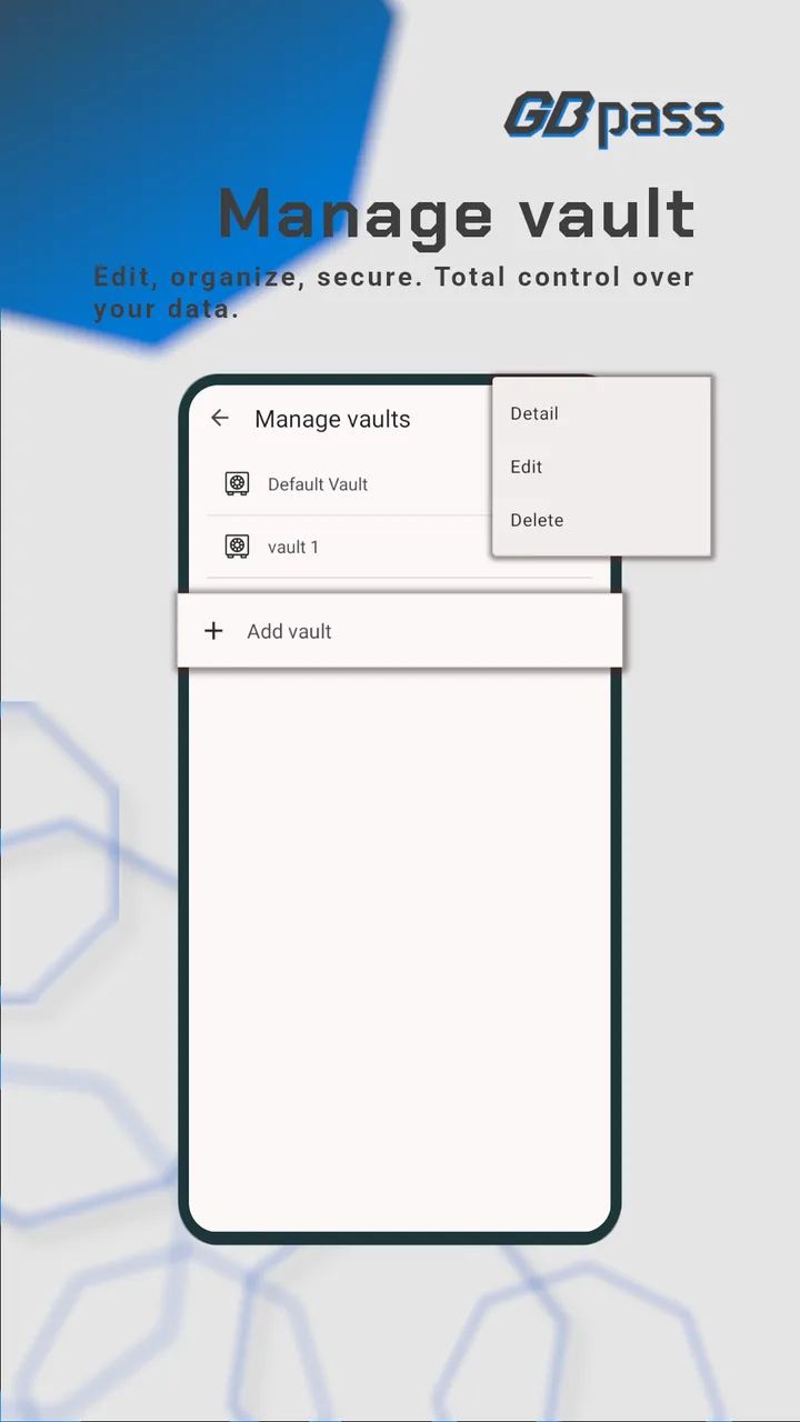 GBpass app: the Manage Vaults screen with options to add, edit, or delete vaults