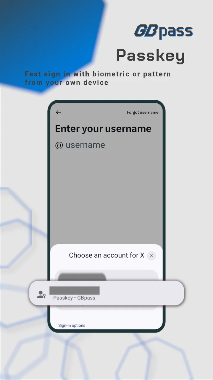 GBpass app: signing in to a website with a passkey stored in GBpass, picked from the Android account chooser