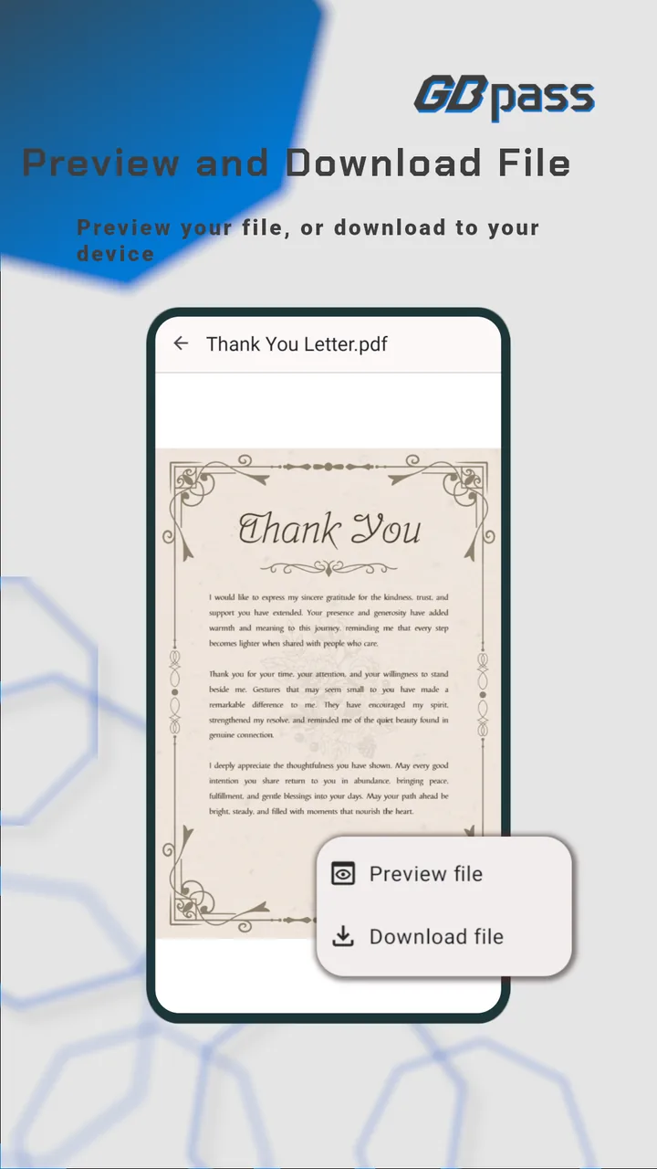 GBpass app: a PDF attachment open in the built-in secure viewer with preview and download options