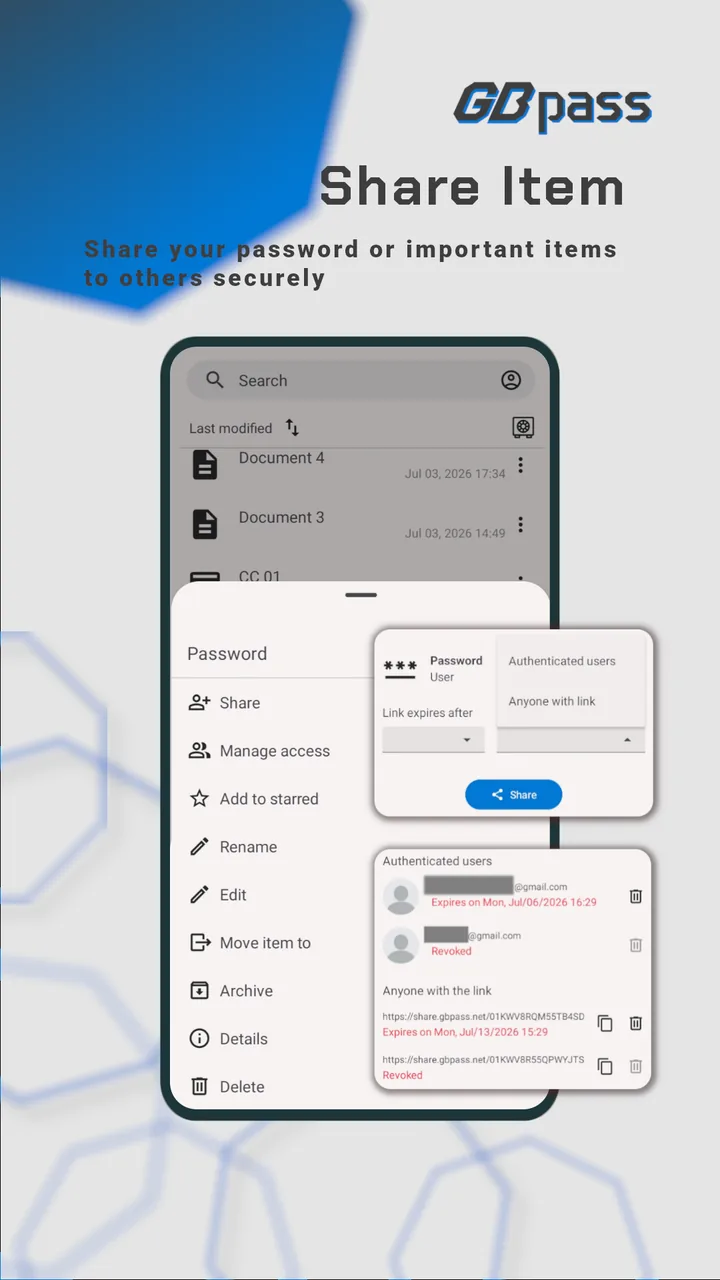 GBpass app: sharing an item via an expiring link, with authenticated users and revocable access