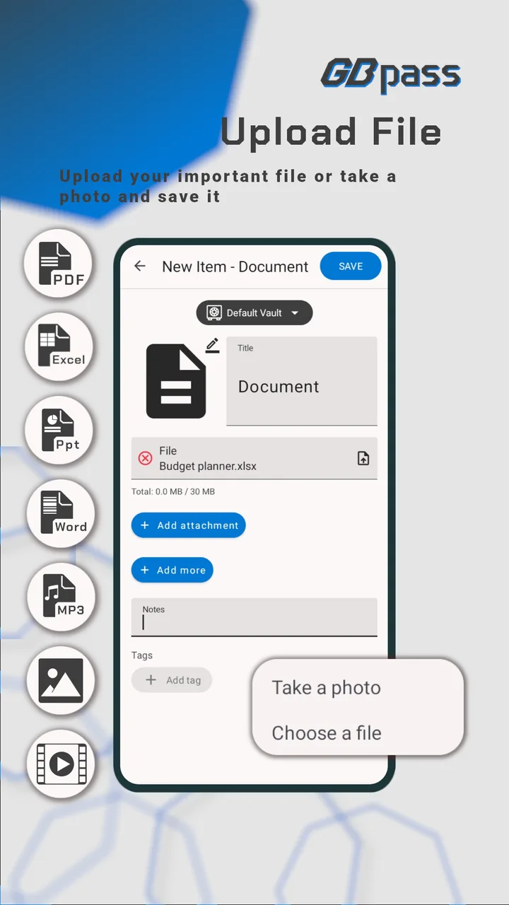 GBpass app: adding a document with a file attachment, with options to take a photo or choose a file