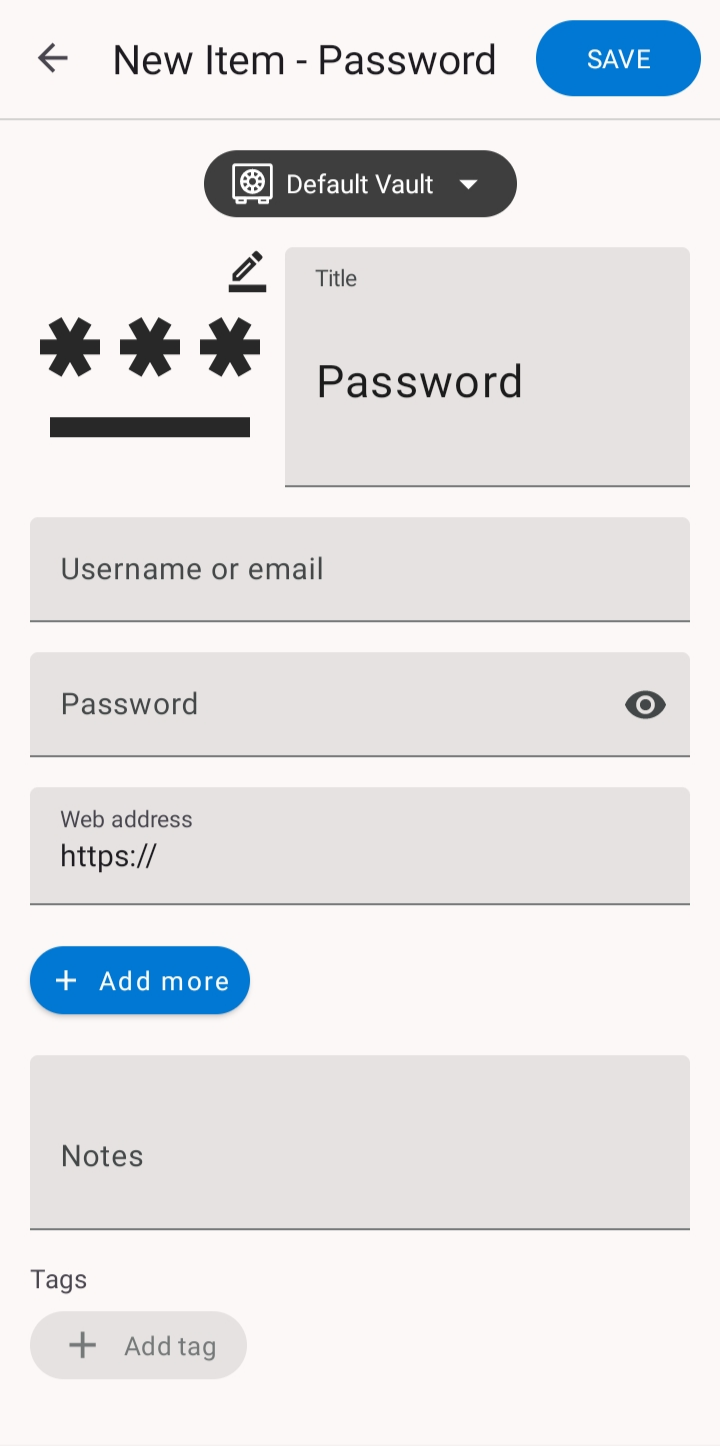 The New password item form with title, username, password, and web address fields