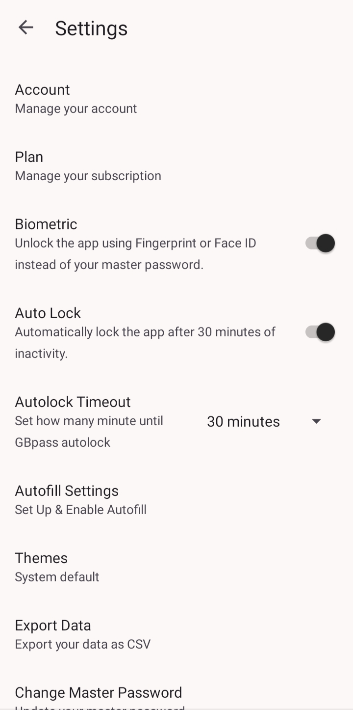 The GBpass Settings screen listing account, security, autofill, theme, and data options