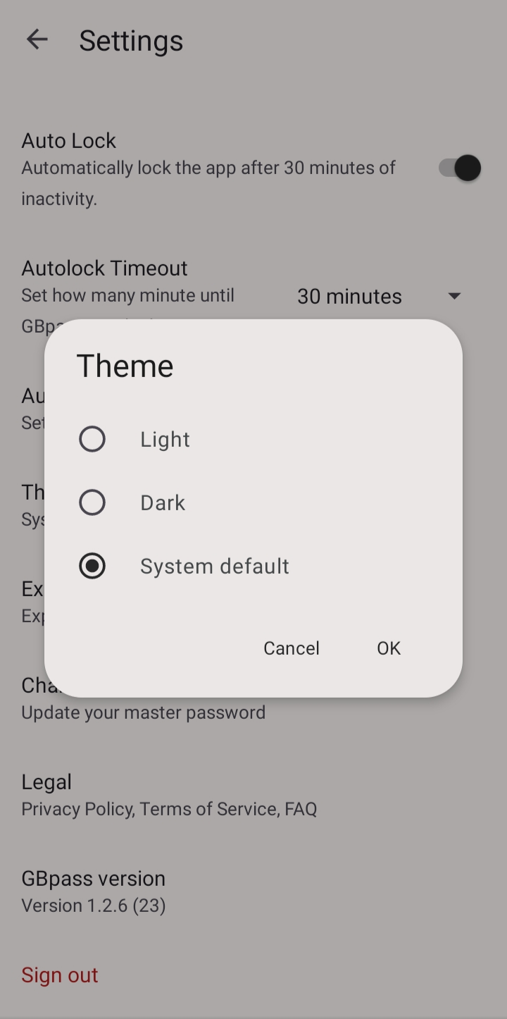 The Theme dialog with Light, Dark, and System default over the Settings screen