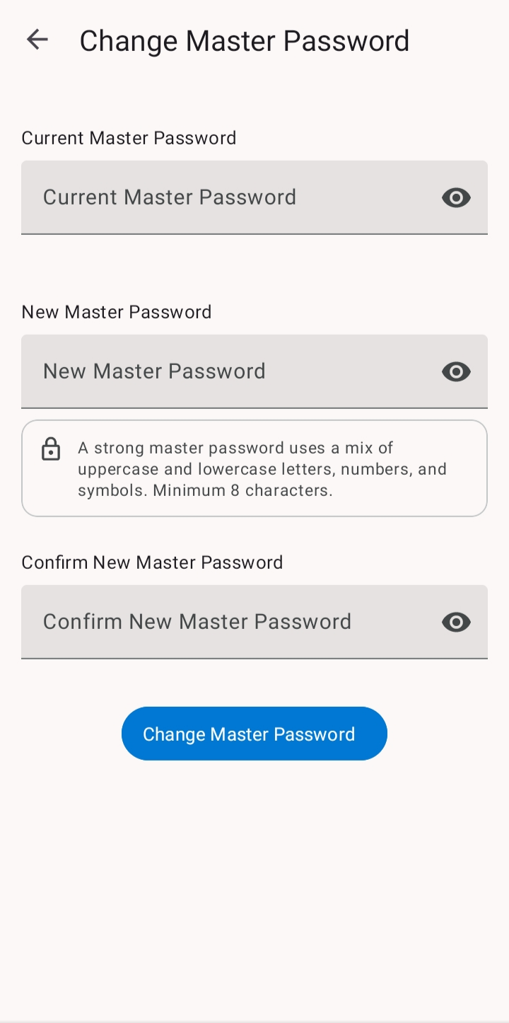 The Change Master Password screen with current, new, and confirm password fields