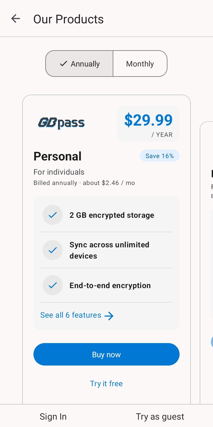 The GBpass Our Products plan screen with the Personal annual plan, sign-in, and guest options