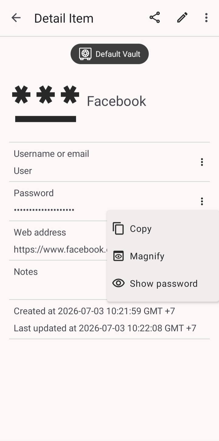An item detail view with share and edit icons and a Copy, Magnify, Show password menu