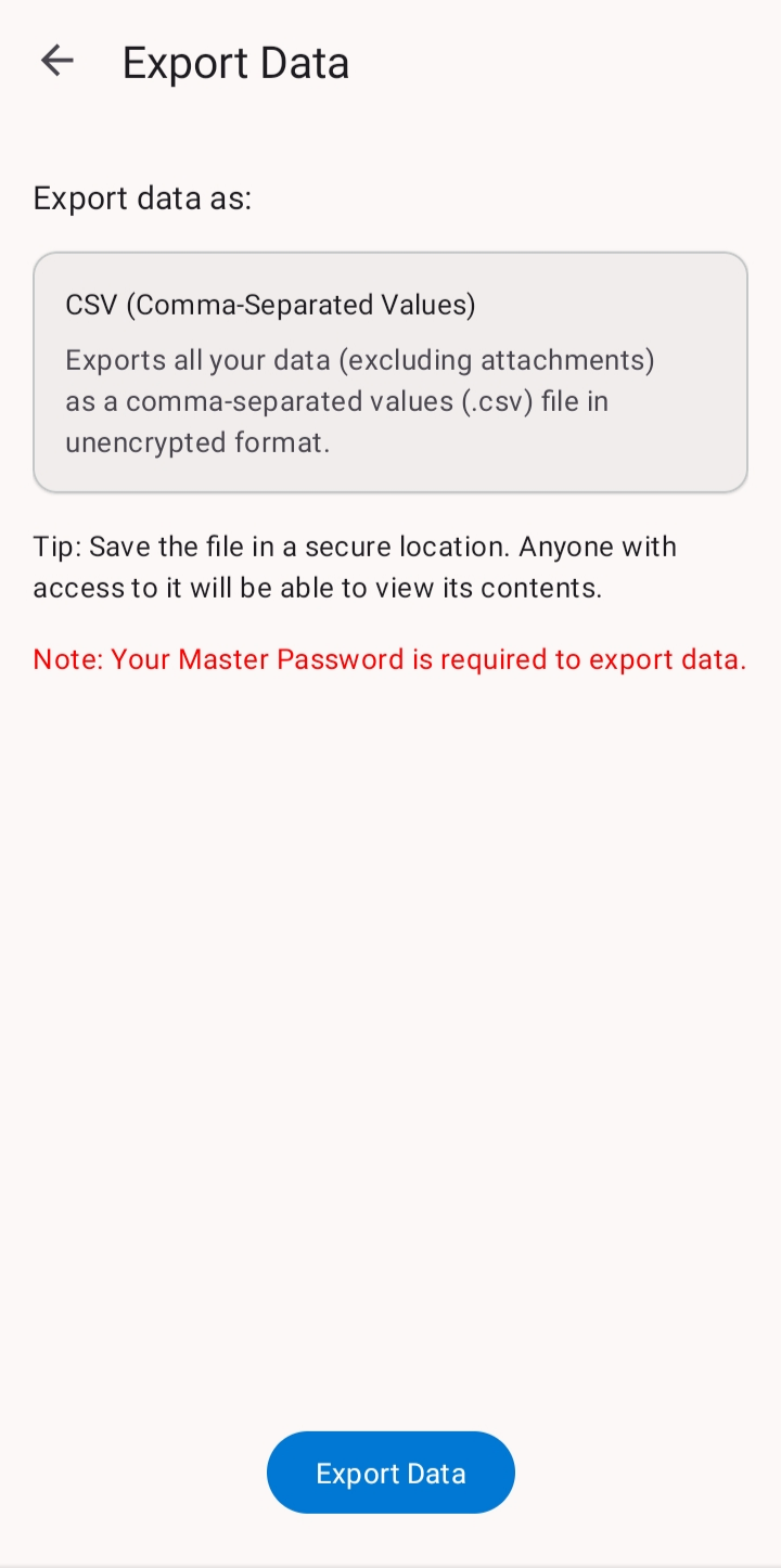 The Export Data screen offering a CSV export with a security tip and a master-password note