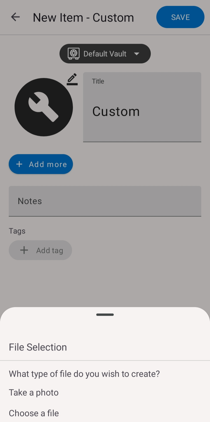 The File Selection sheet offering Take a photo or Choose a file on a custom item