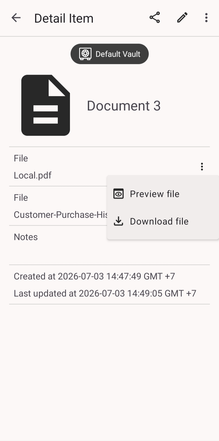A document item detail with attached files and a Preview file, Download file menu