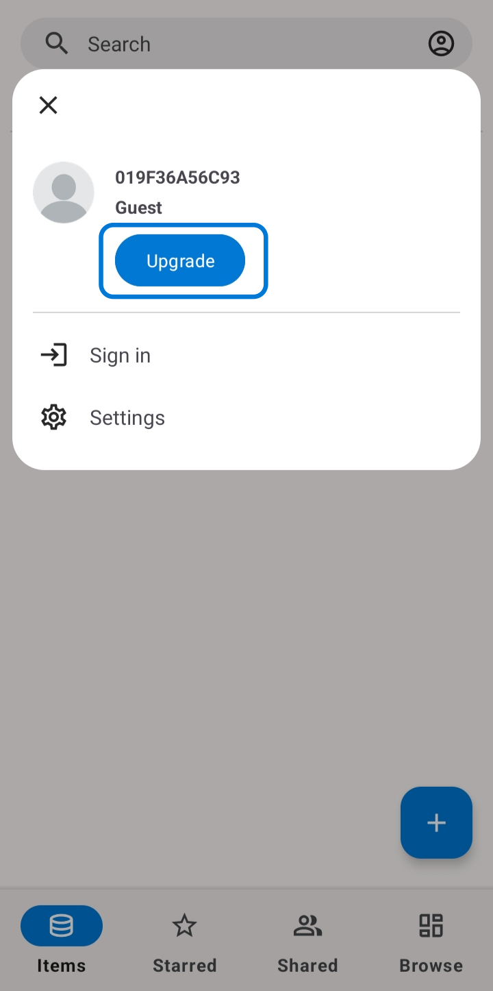 A guest account popup with an Upgrade button, Sign in, and Settings options