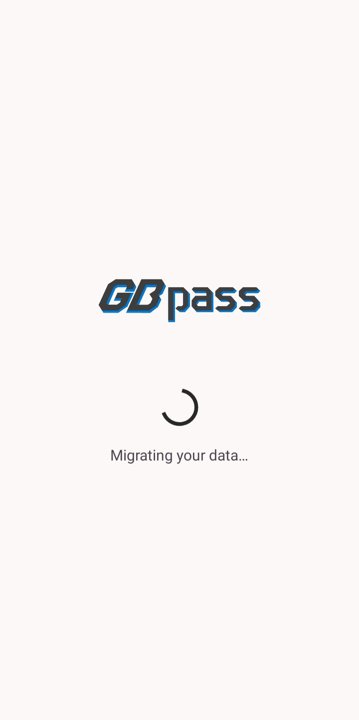 The GBpass loading screen with a spinner and a Migrating your data message