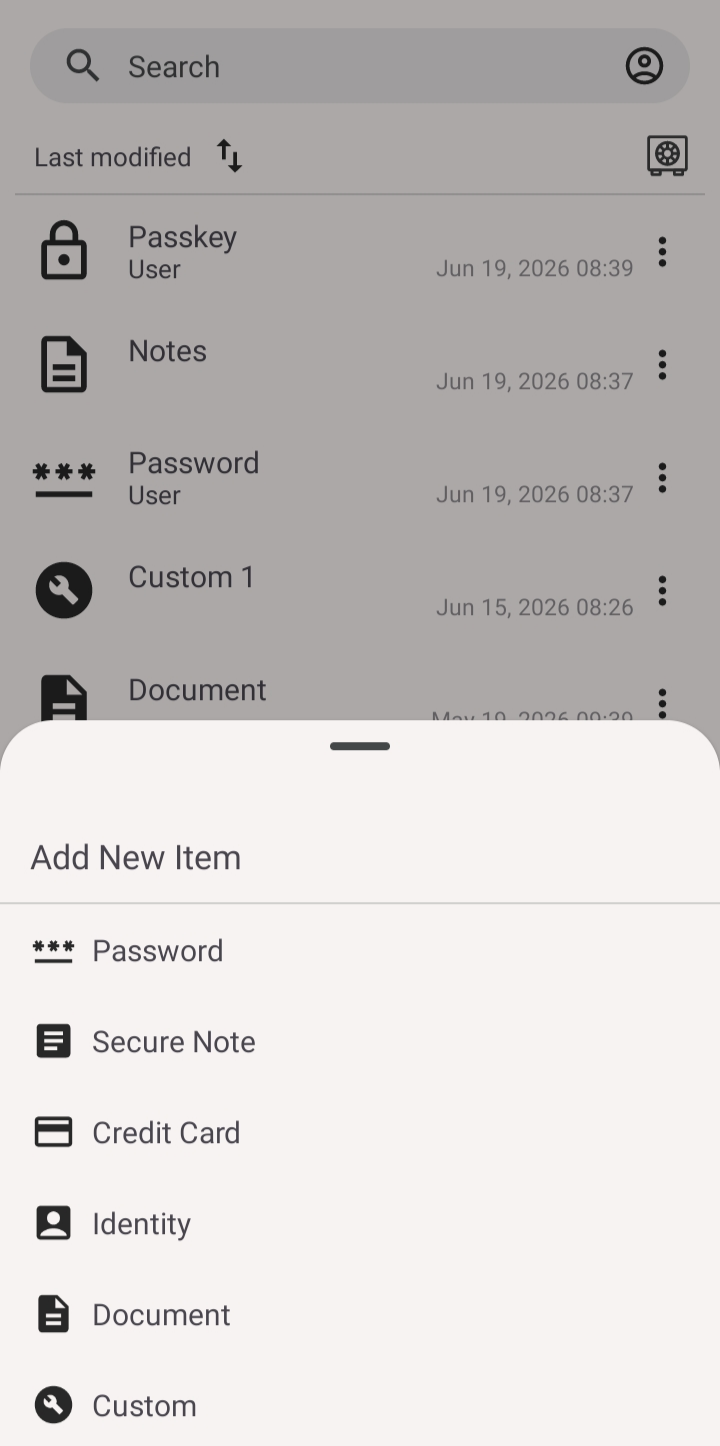 The Add New Item sheet listing Password, Secure Note, Credit Card, Identity, Document, and Custom