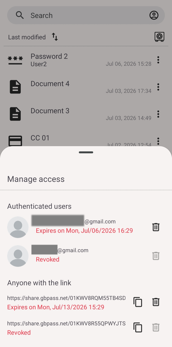 The Manage access sheet listing shared users and links with expiry, revoke, and delete controls