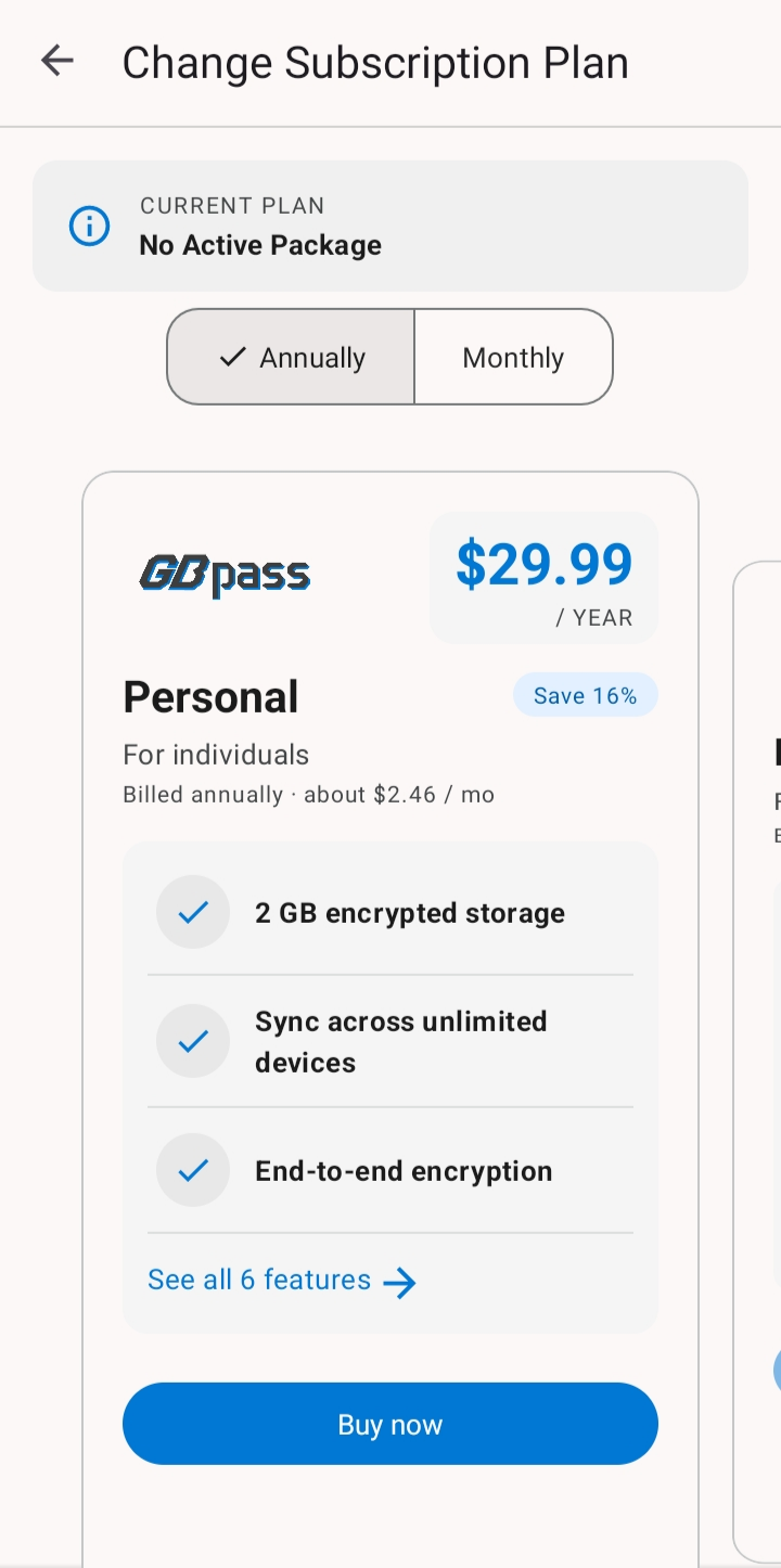 The Change Subscription Plan screen showing the Personal annual plan and current plan status