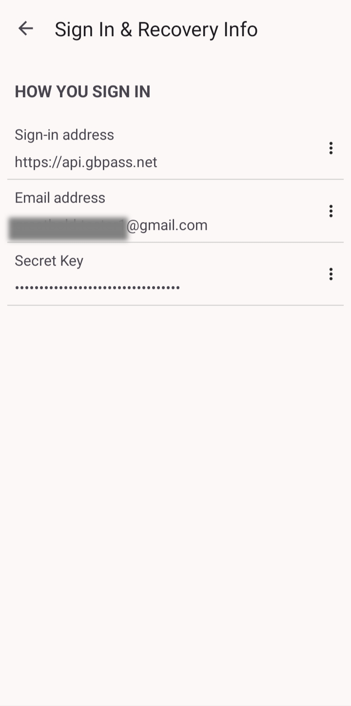 The Sign In and Recovery Info screen listing the sign-in address, email, and a masked Secret Key