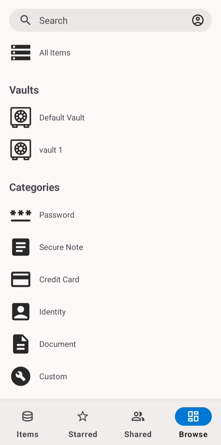 The Browse screen showing All Items, Vaults, and item Categories