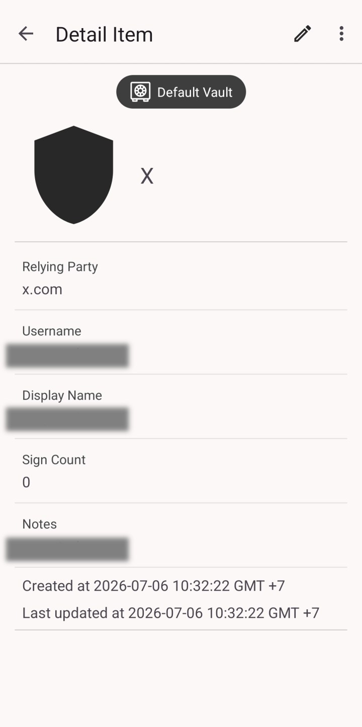 A saved passkey detail showing its relying party and sign-in count