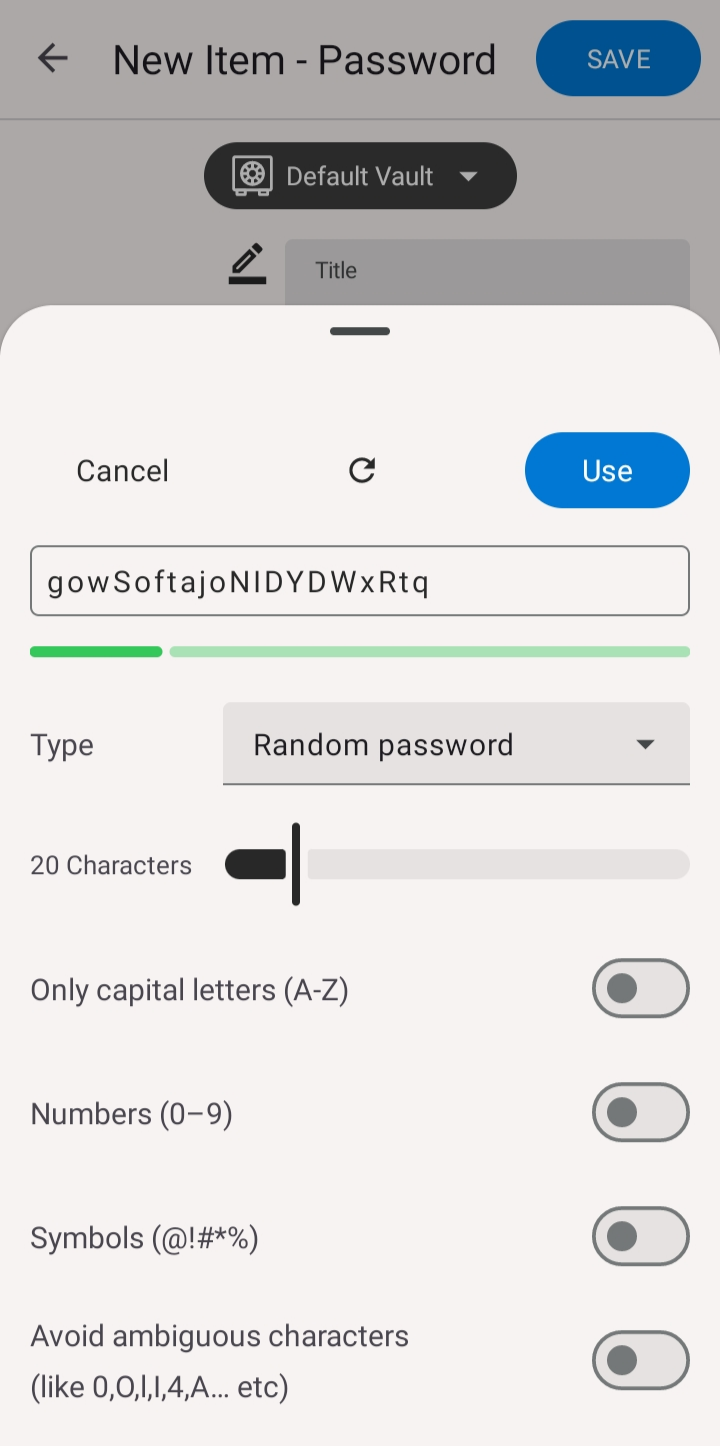 The password generator with a generated password, length slider, and character-type toggles