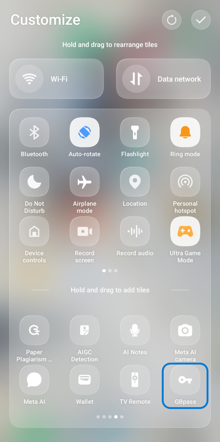 The Android quick settings tile editor with the GBpass tile highlighted