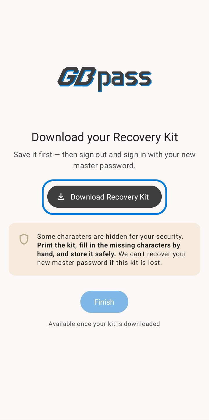 The Download your Recovery Kit screen with the download button highlighted and a security notice