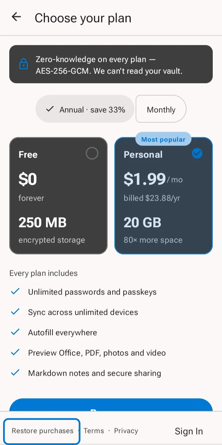 The Choose your plan screen with the Restore purchases link highlighted at the bottom, beside the Terms and Privacy links