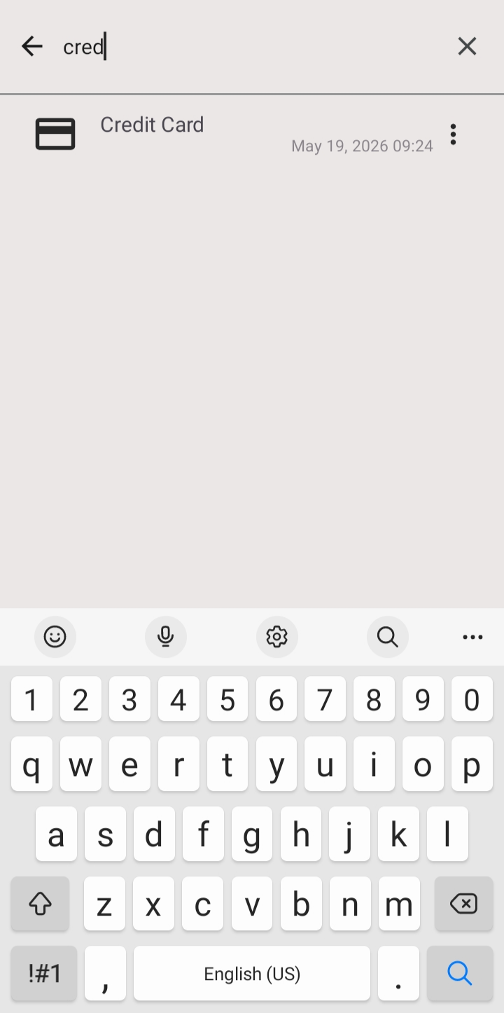 The search screen showing a typed query and a matching Credit Card result