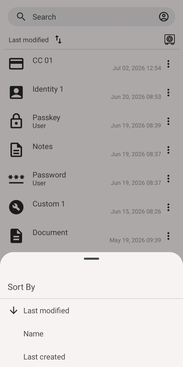 The Sort By sheet with Last modified, Name, and Last created options