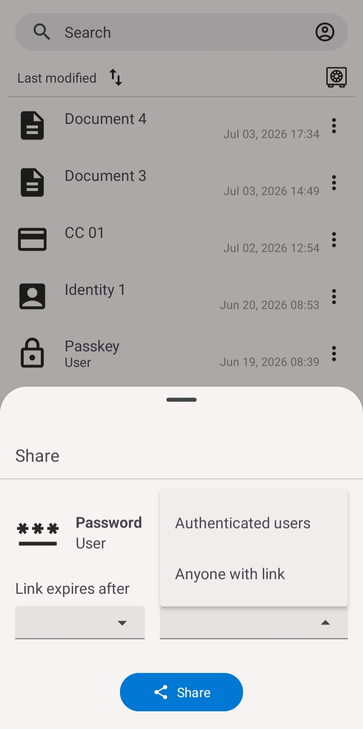 The Share sheet for a password item with link expiry and audience options