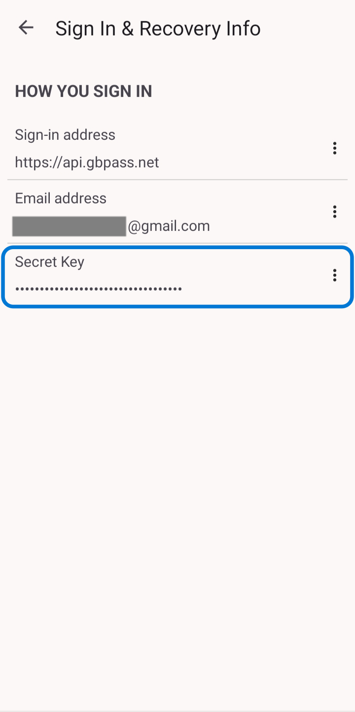 The Sign In and Recovery Info screen showing the sign-in address, email address, and a masked Secret Key
