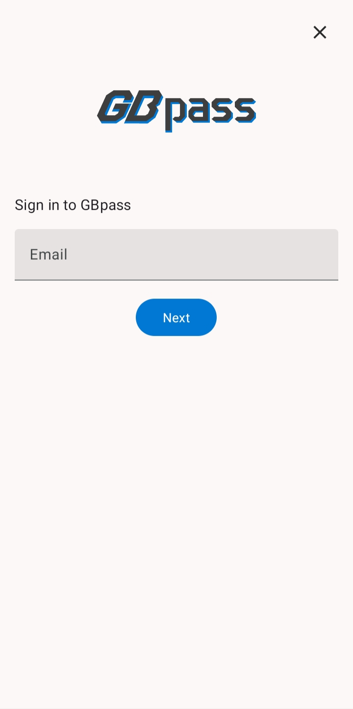 The Sign in to GBpass screen with an email field and a Next button