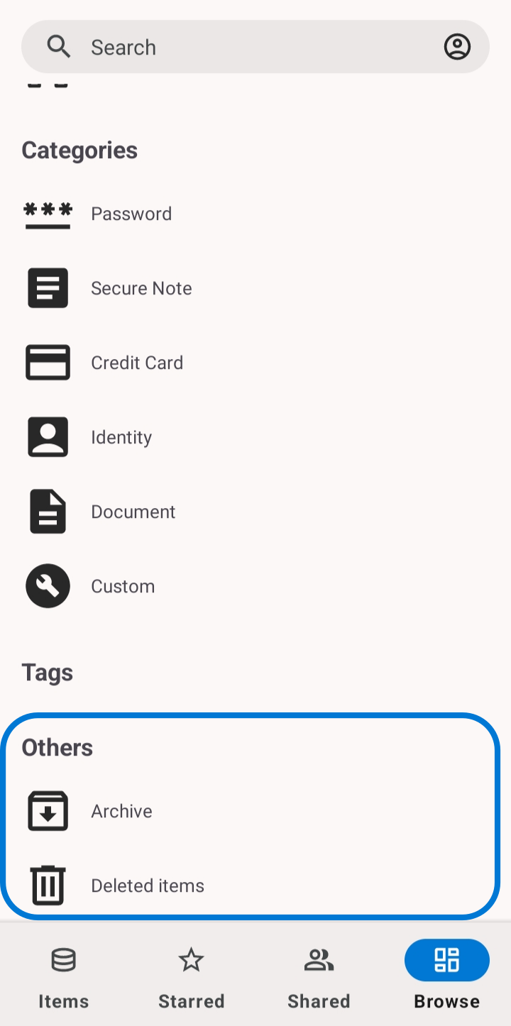 The Browse screen with the Others section highlighting Archive and Deleted items