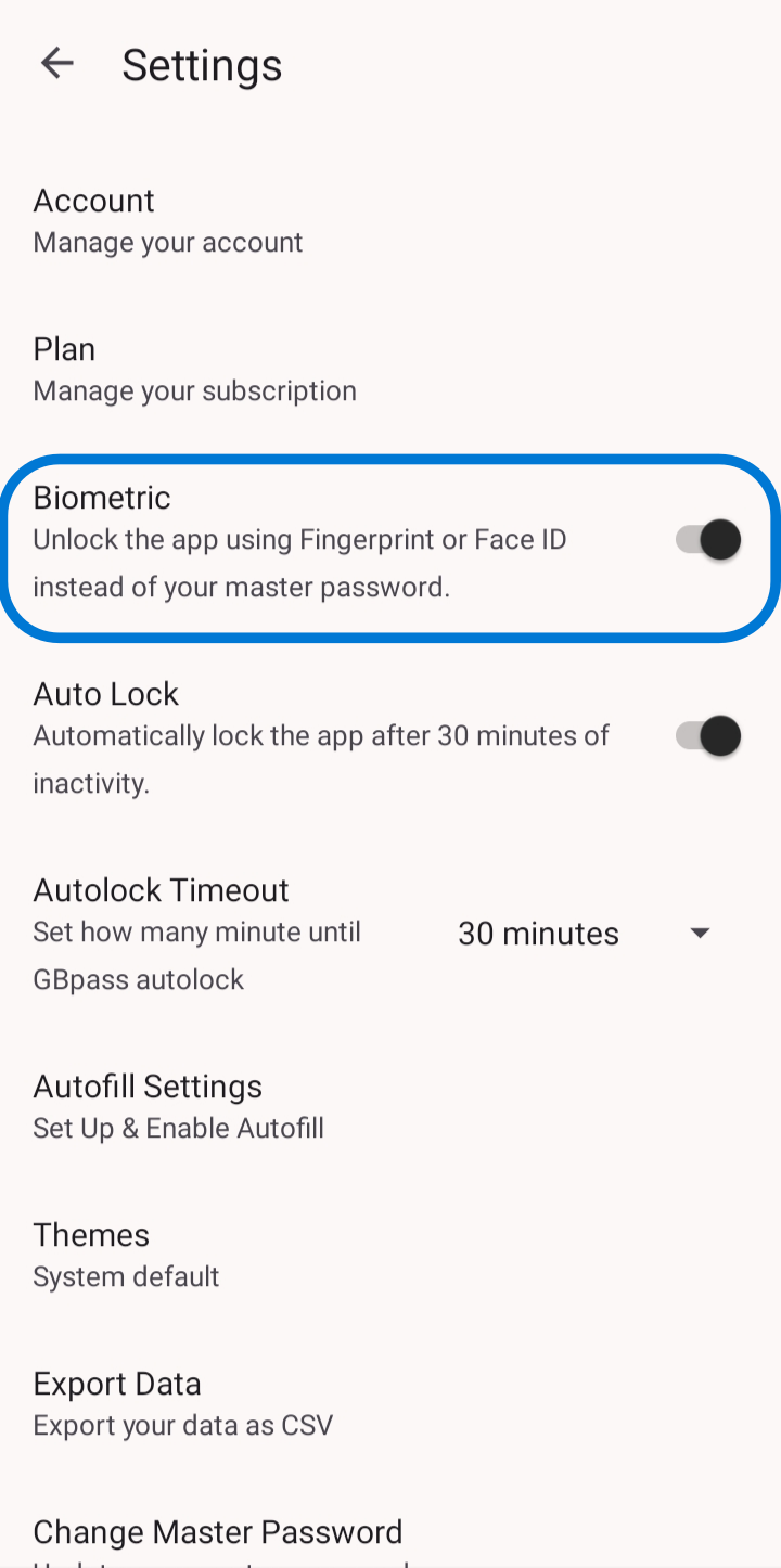 The Settings screen with the Biometric unlock toggle highlighted and Auto Lock enabled