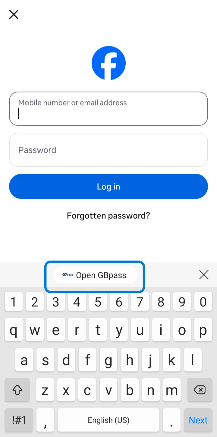 A login page with a GBpass autofill suggestion shown above the keyboard