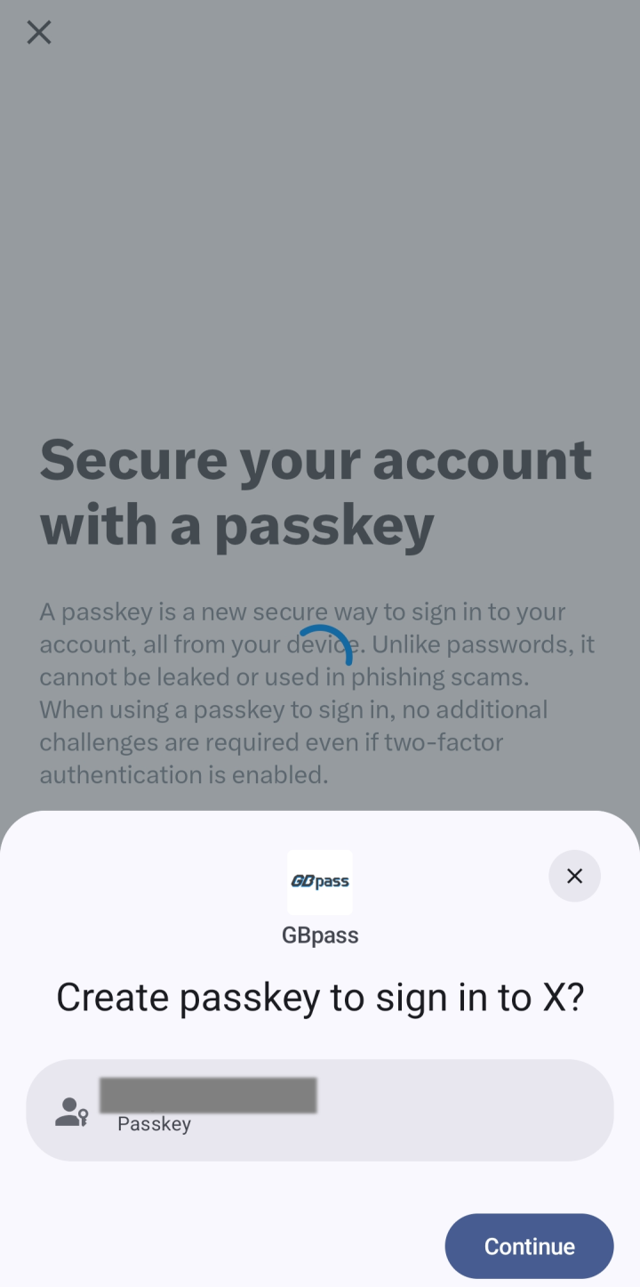 A system prompt to create a GBpass passkey to sign in, with a Continue button