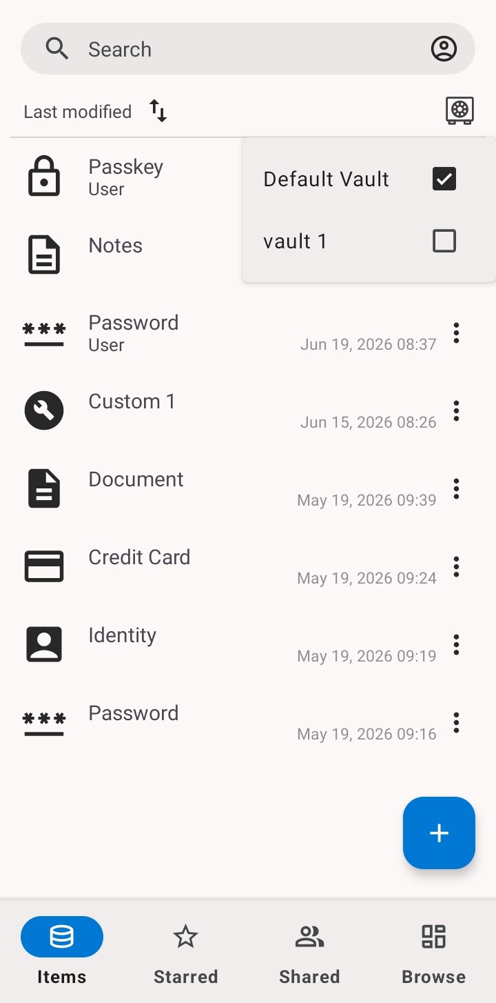 The GBpass Items list showing saved entries with an open vault filter menu and bottom navigation